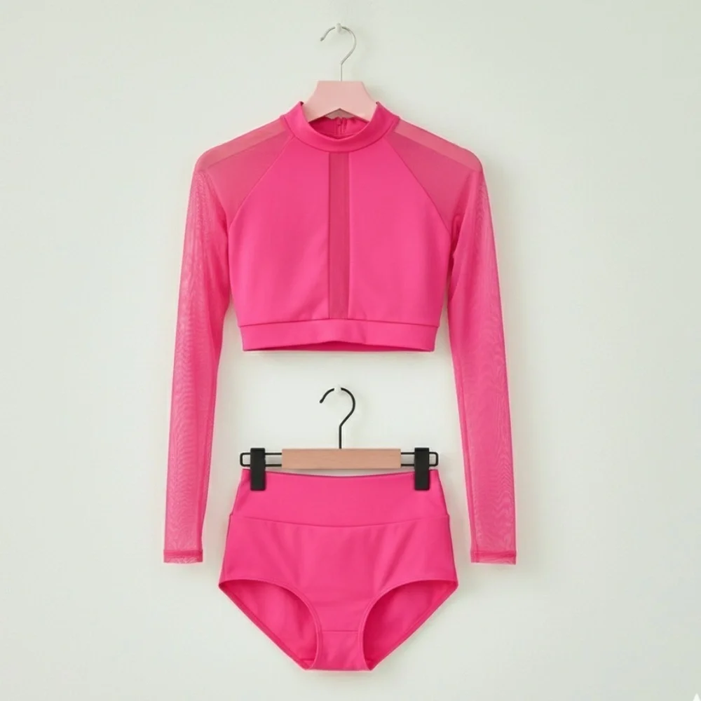 Baltogs Pink High Neck Mesh Long Sleeve Crop Top High Waisted Briefs Dance Set